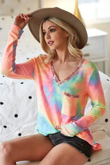 BiBi Tie Dye V-neck Terry Knit Top With Sequins - Trendsi - Flyclothing LLC