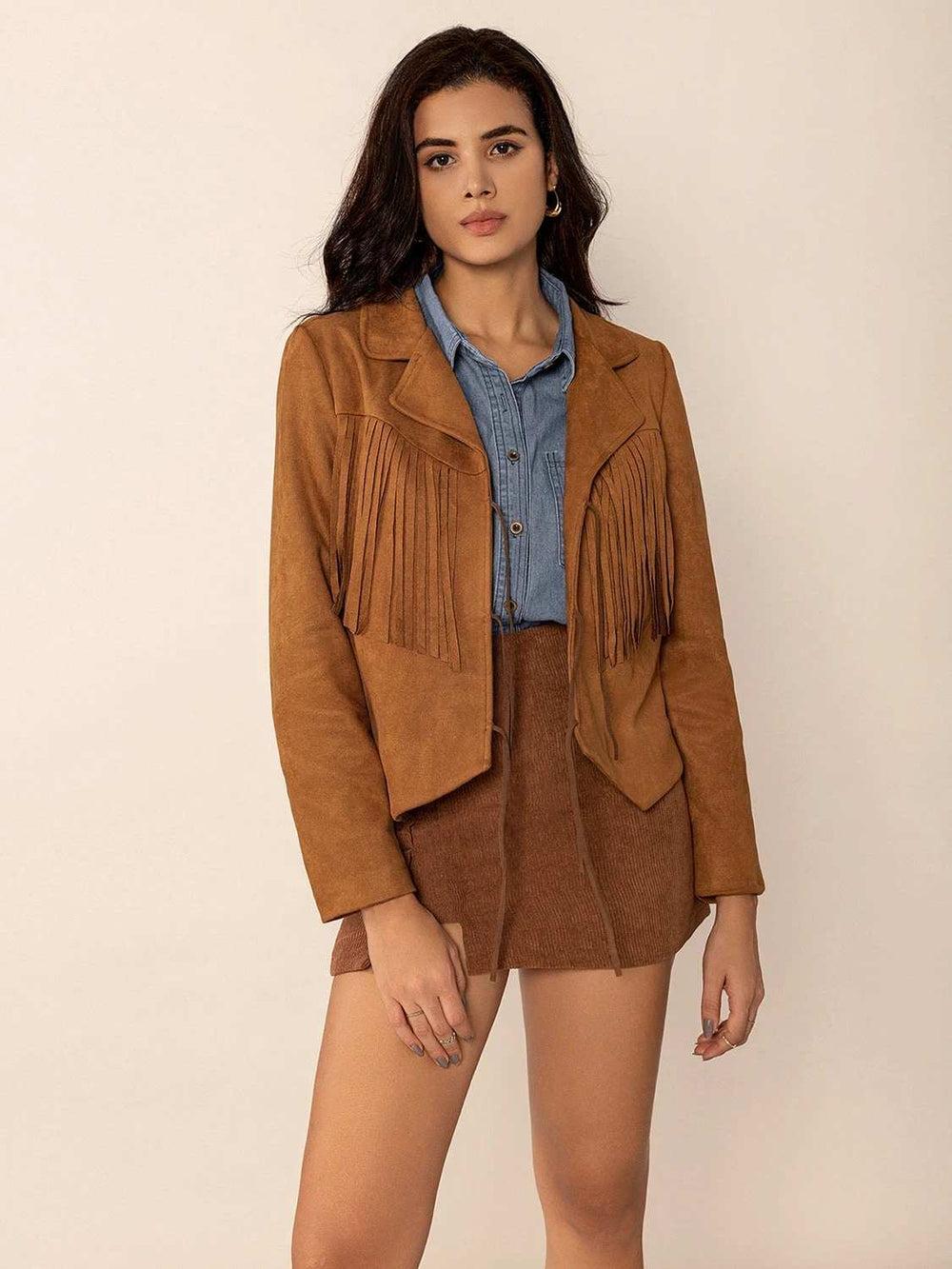 Tied Tassel Collared Neck Long Sleeve Jacket - Trendsi - Flyclothing LLC