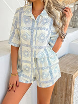 Devine Printed Collared Neck Half Sleeve Top and Shorts Set - Trendsi - Flyclothing LLC