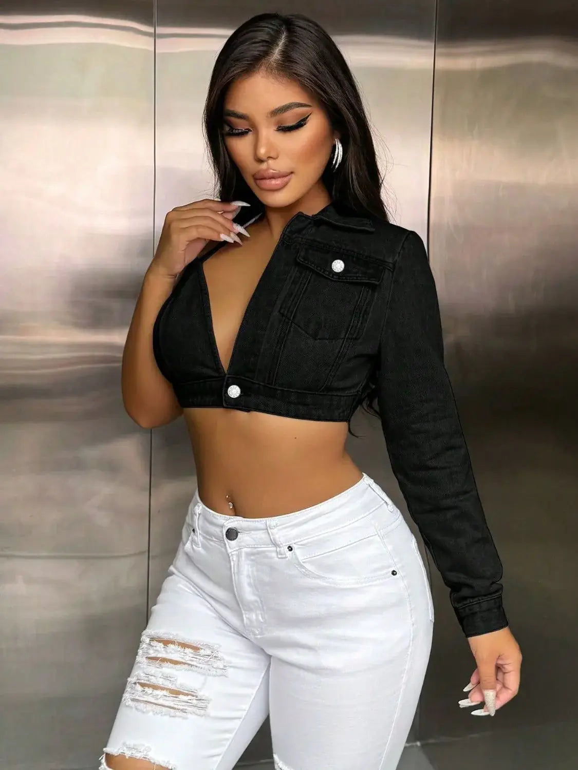 One Shoulder Long Sleeve Cropped Denim Top - Trendsi - Flyclothing LLC