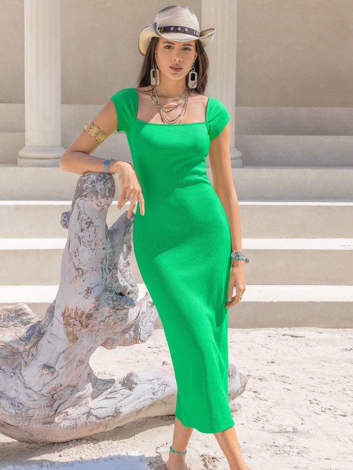 Square Neck Cap Sleeve Midi Dress - Trendsi - Flyclothing LLC