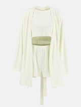 Waffle-Knit Round Neck T-Shirt, Open Front Cardigan and Shorts Set - Trendsi - Flyclothing LLC