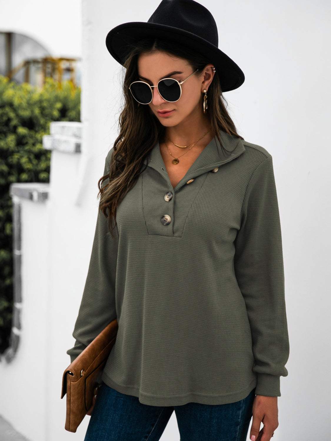 Half Button Long Sleeve T-Shirt - Trendsi - Flyclothing LLC