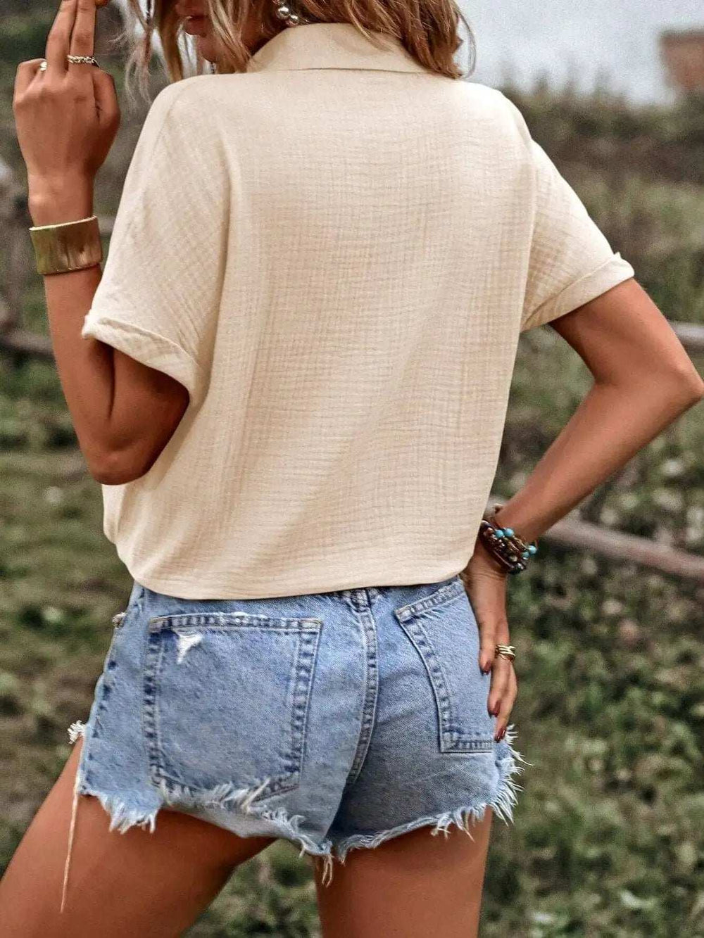 Drawstring Button Up Short Sleeve Blouse - Trendsi - Flyclothing LLC