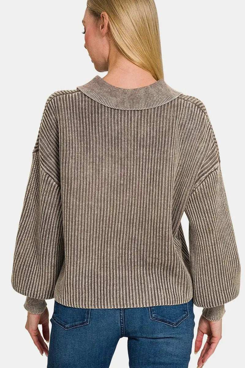Zenana Washed Half Button Long Sleeve Sweater - Trendsi - Flyclothing LLC