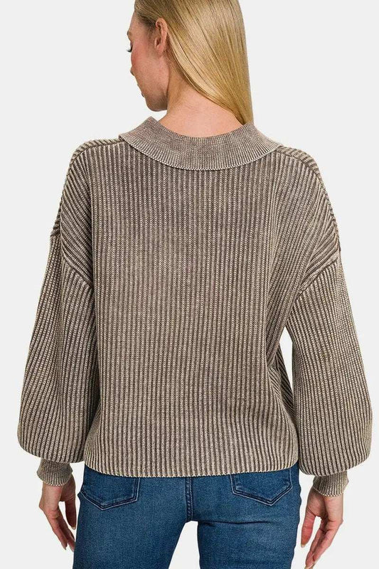 Zenana Washed Half Button Long Sleeve Sweater - Trendsi - Flyclothing LLC