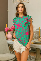 BiBi Leopard Leaves Print Woven Top - Trendsi - Flyclothing LLC