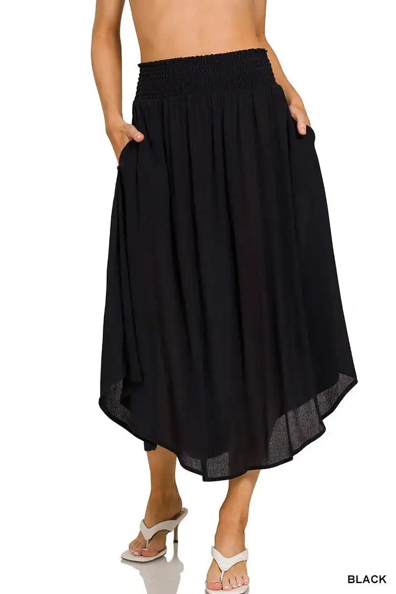 Zenana Woven Crinkle Smocked Waist Maxi Skirt W Pockets - Trendsi