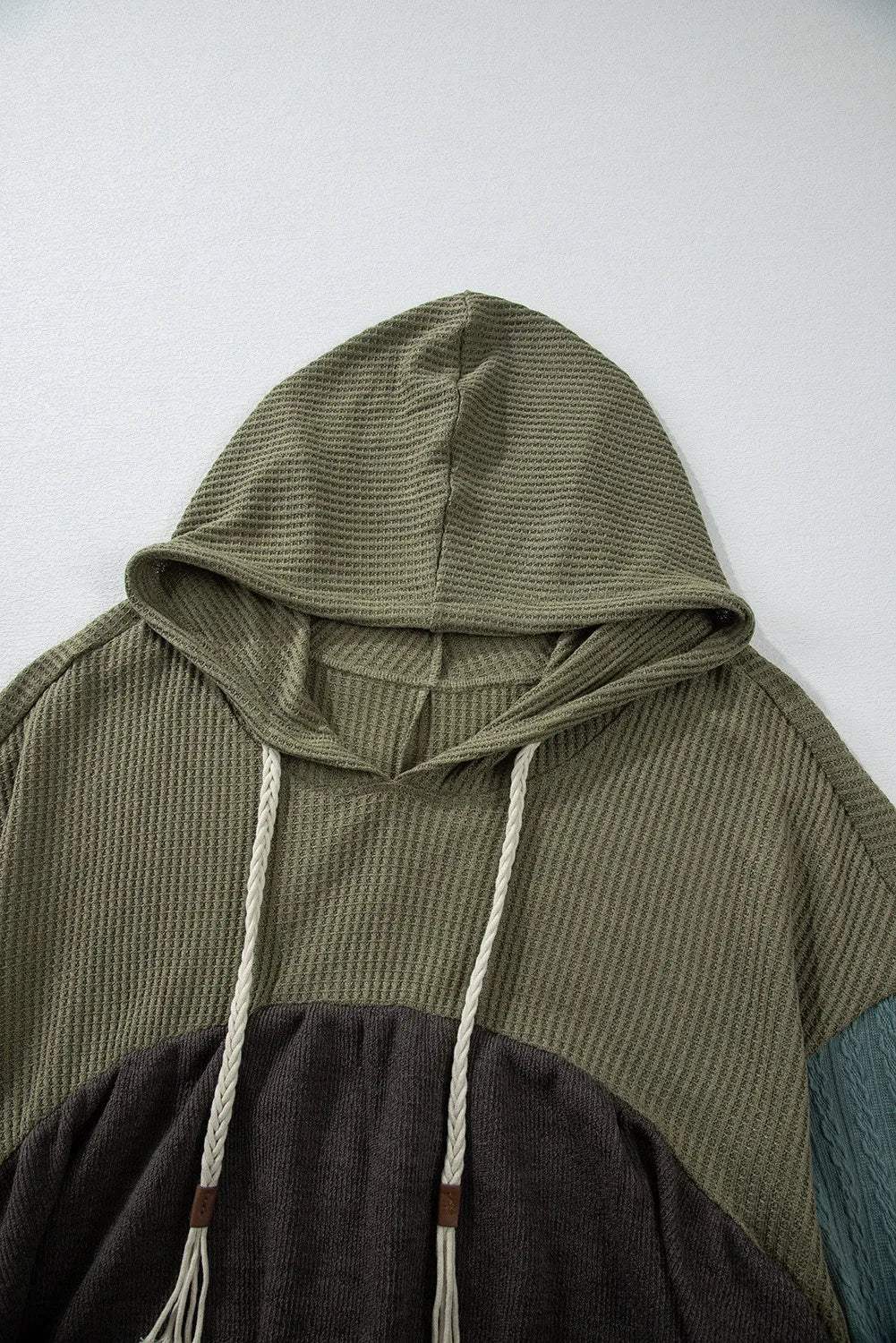 Waffle-Knit High-Low Color Block Hooded Long Sleeve Top - Trendsi - Flyclothing LLC