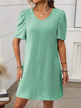 Textured Round Neck Short Sleeve Mini Dress - Trendsi - Flyclothing LLC
