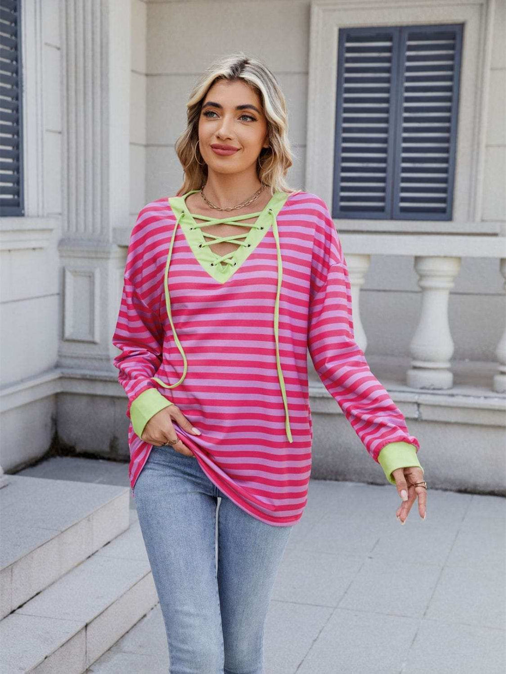 Lace-Up Striped Long Sleeve T-Shirt - Trendsi - Flyclothing LLC