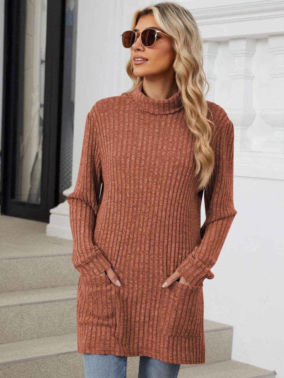 Ribbed Mock Neck Long Sleeve T-Shirt - Trendsi - Flyclothing LLC