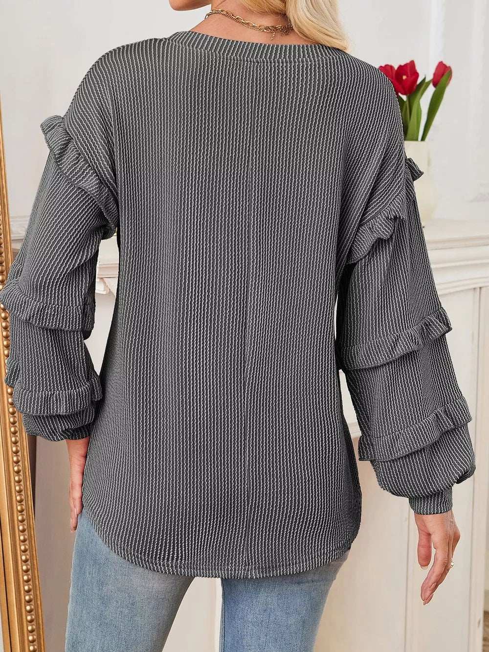 Round Neck Ruffled Long Sleeve Sweatshirt - Trendsi - Flyclothing LLC