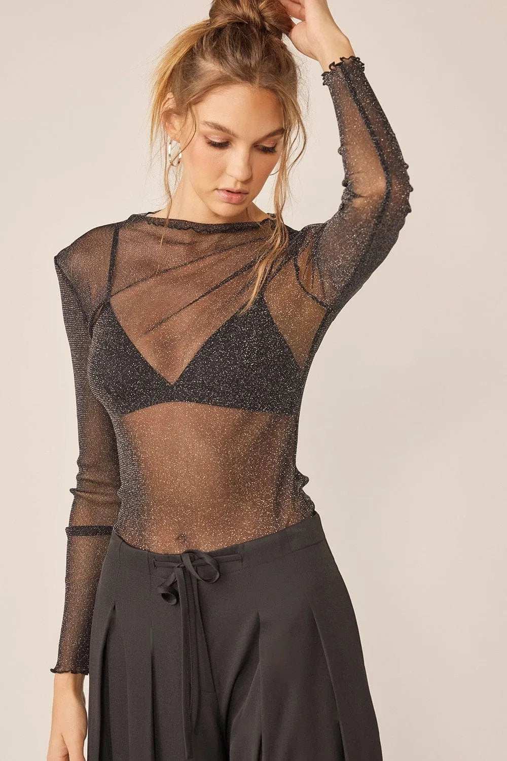 Idem Ditto Sparkling Glitter Long Sleeve Sheer Top - Trendsi - Flyclothing LLC