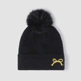 Thermal Bow Knit Hat with Pompom - Trendsi
