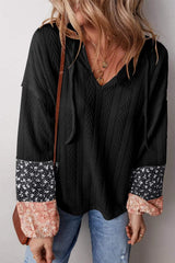 Drawstring Color Block Hooded Long Sleeve Top - Trendsi - Flyclothing LLC