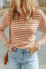 Striped Mock Neck Long Sleeve Top - Trendsi - Flyclothing LLC