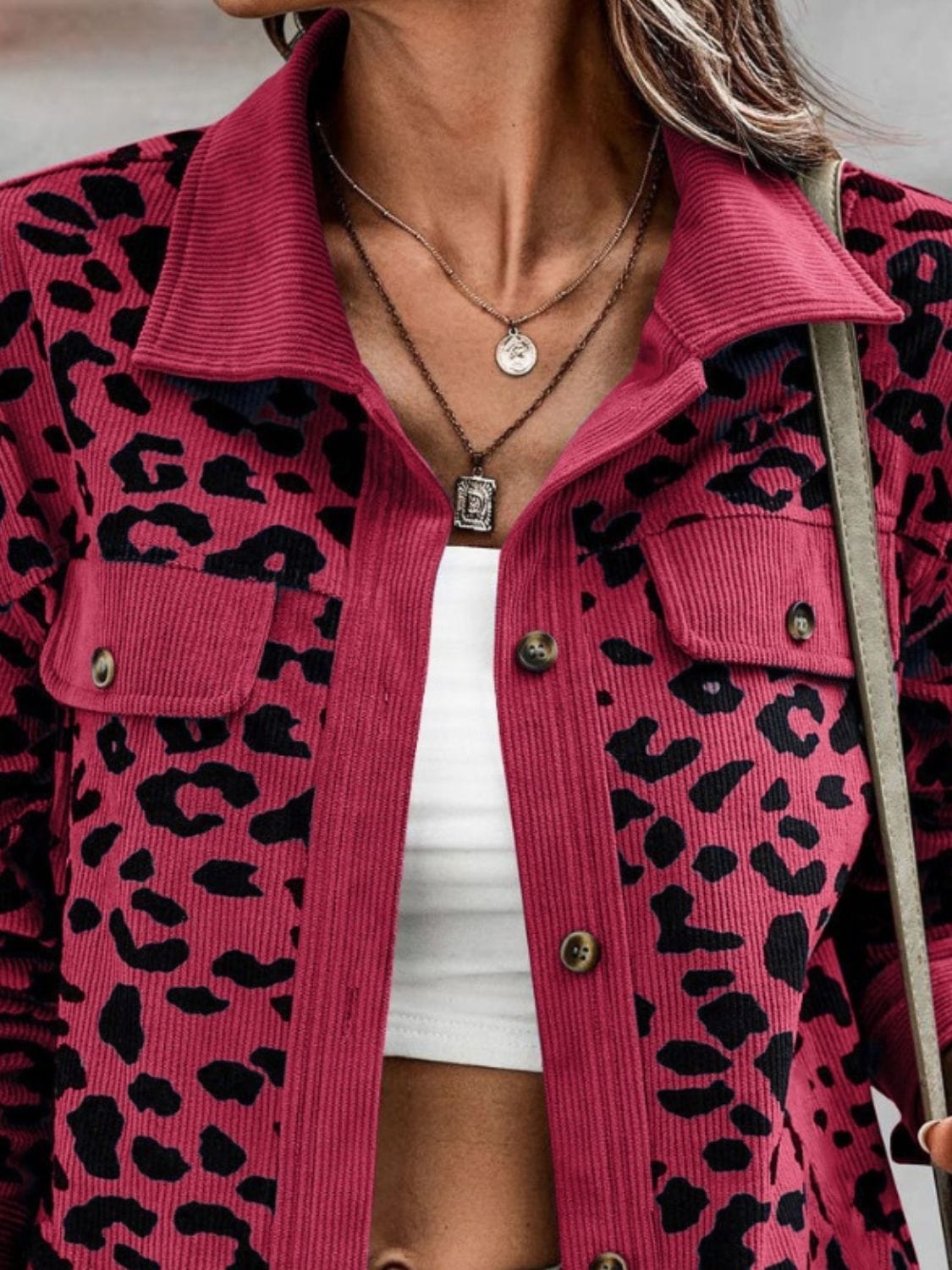 Full Size Leopard Collared Neck Button Up Long Sleeve Jacket - Trendsi