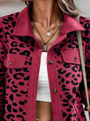 Full Size Leopard Collared Neck Button Up Long Sleeve Jacket - Trendsi