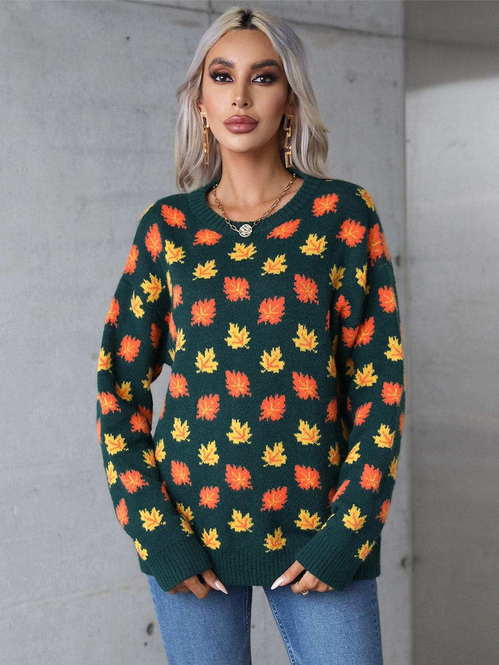 Angel Wings Maple Leaf Round Neck Long Sleeve Sweater - Trendsi - Flyclothing LLC
