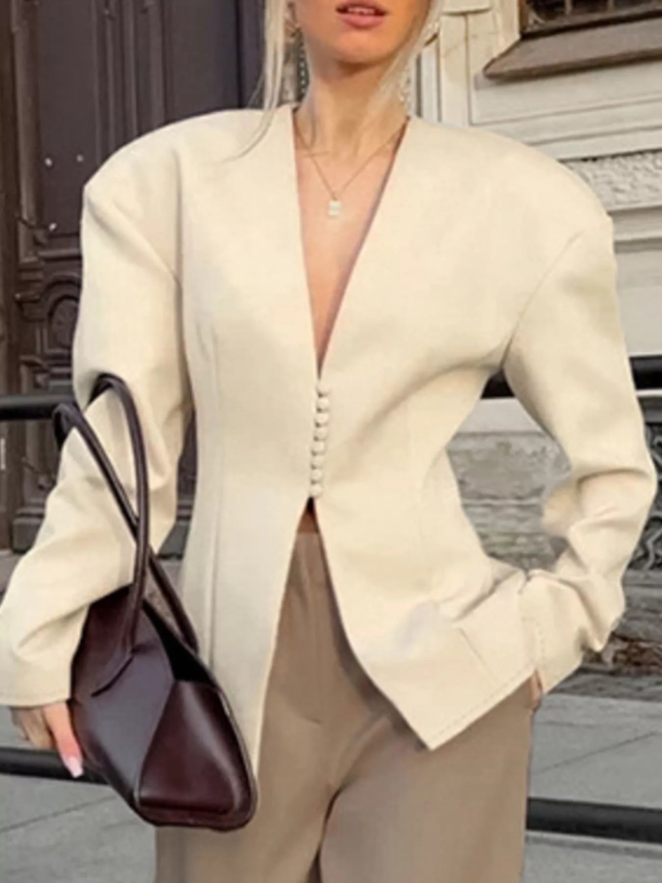 V-Neck Button-Up Blazer with Structured Shoulders - Trendsi - Flyclothing LLC