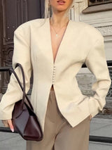 V-Neck Button-Up Blazer with Structured Shoulders - Trendsi - Flyclothing LLC