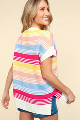Haptics Striped Side Slit Short Sleeve Knit Top - Trendsi