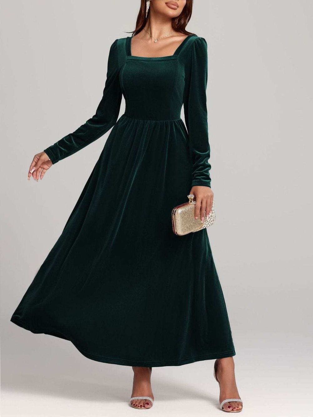 Velvet Square Neck Long Sleeve Dress - Trendsi - Flyclothing LLC
