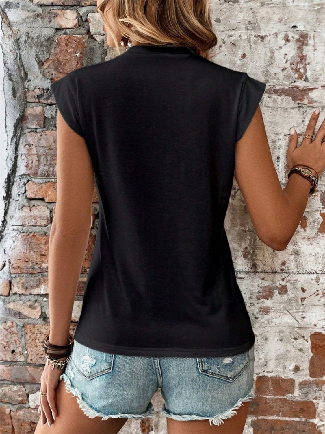 Round Neck Cap Sleeve Blouse - Trendsi - Flyclothing LLC