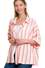 Zenana Woven Yarn-Dye Stripe Oversized Button Down Shirt - Trendsi - Flyclothing LLC