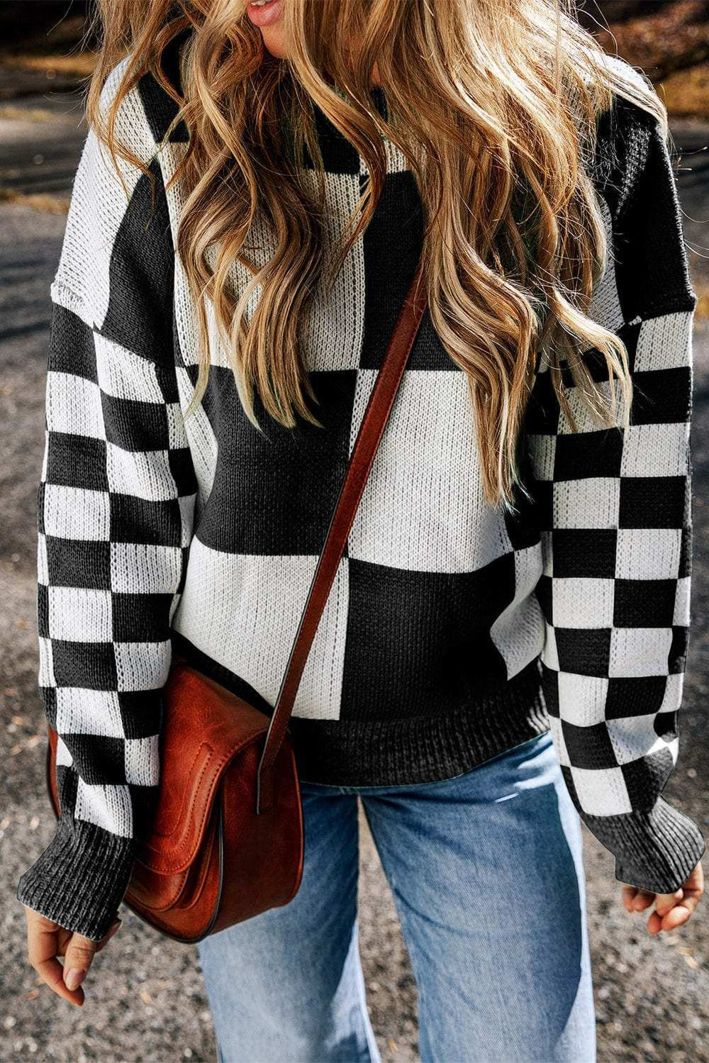 Checkered Round Neck Drop Shoulder Sweater - Trendsi - Flyclothing LLC