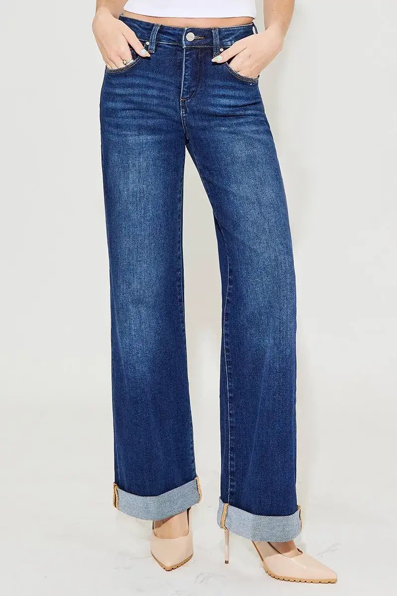 RISEN Full Size Tummy Control High Rise Wide Leg Cuffed Jeans Plus Size - Trendsi - Flyclothing LLC