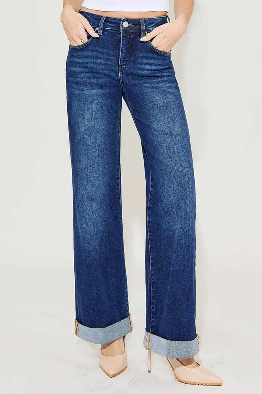 RISEN Full Size Tummy Control High Rise Wide Leg Cuffed Jeans Plus Size - Trendsi - Flyclothing LLC