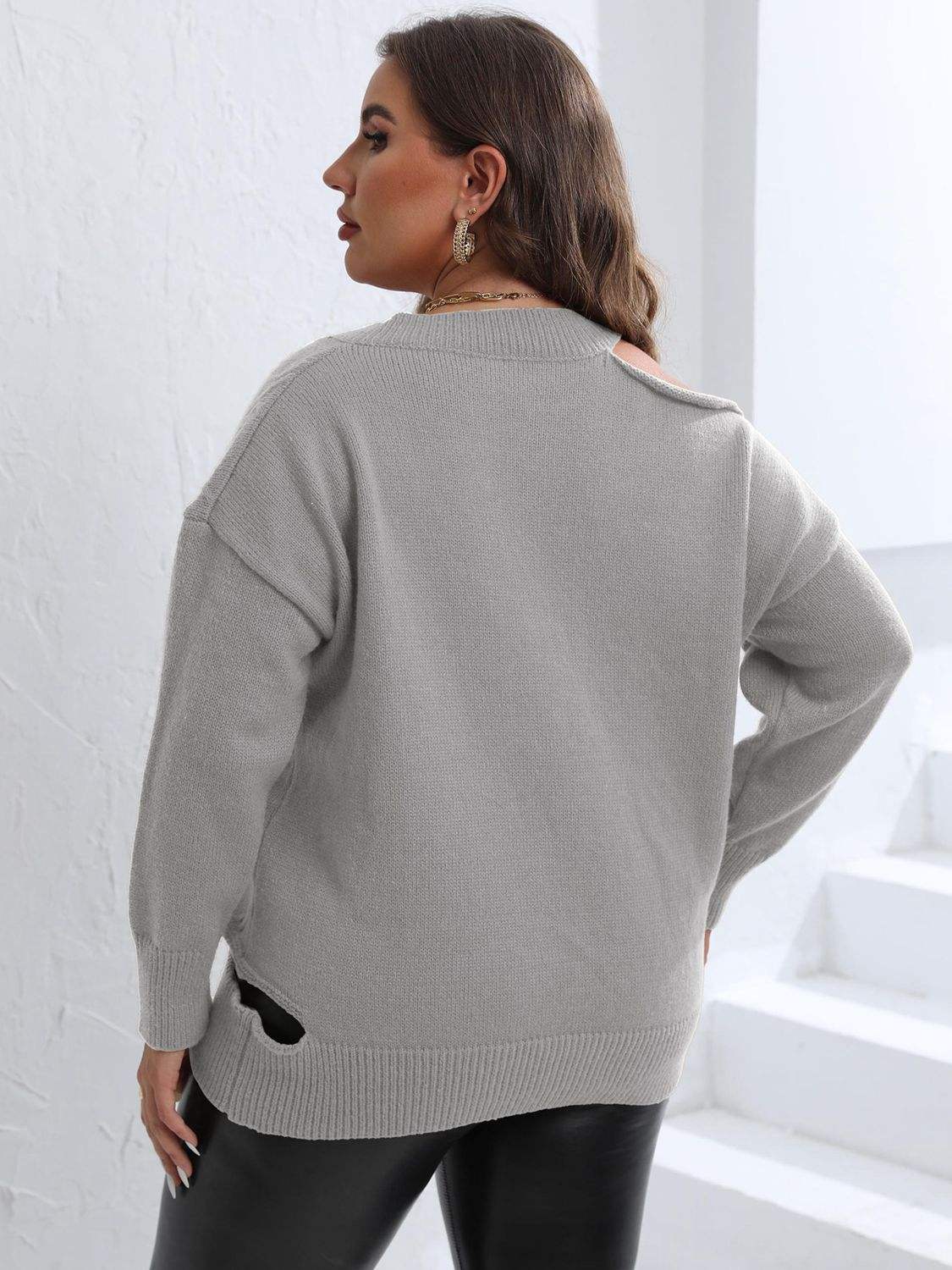 Plus Size Cutout V-Neck Sweater - Trendsi - Flyclothing LLC