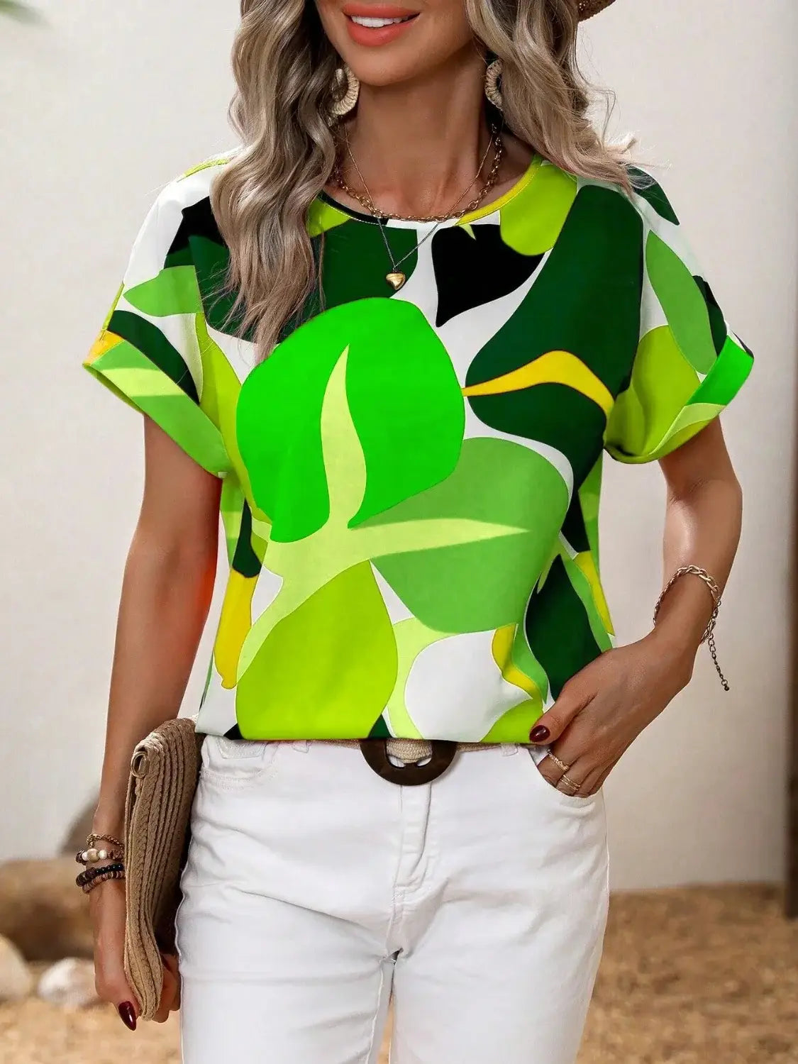 Contrast Round Neck Short Sleeve Blouse - Trendsi - Flyclothing LLC