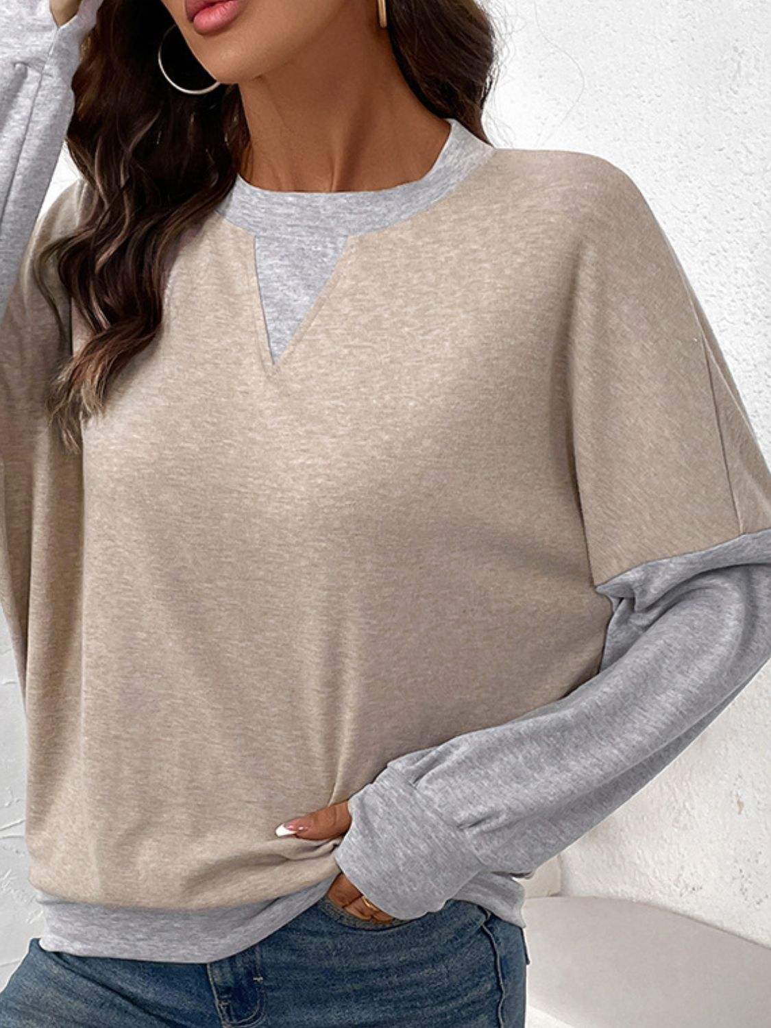 Perfee Contrast Round Neck Long Sleeve T-Shirt - Trendsi - Flyclothing LLC