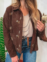 Floral Embroidered Collar Button Front Corduroy Jacket - Trendsi - Flyclothing LLC