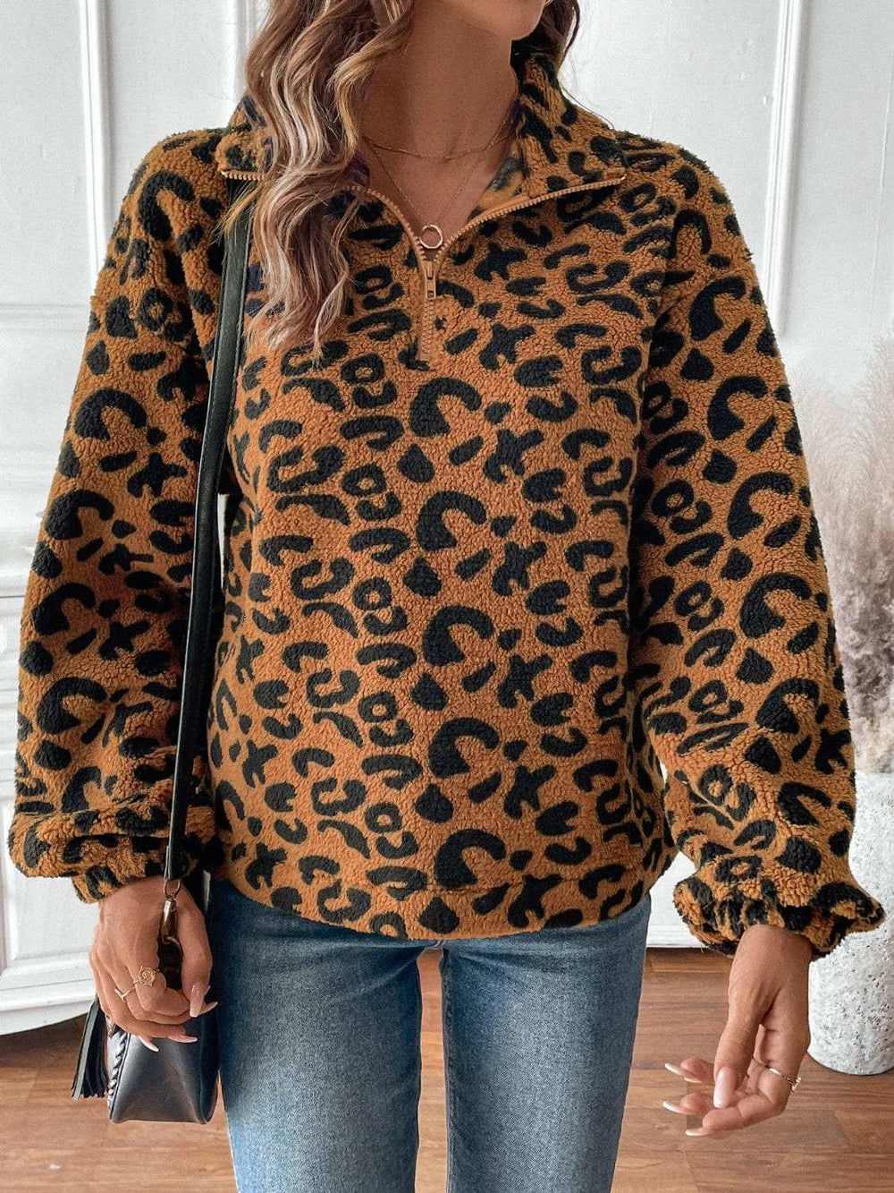 Leopard Half Zip Long Sleeve Sweatshirt - Trendsi - Flyclothing LLC