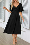 Smocked Tie Front Flutter Sleeve Midi Dress - Trendsi - Flyclothing LLC