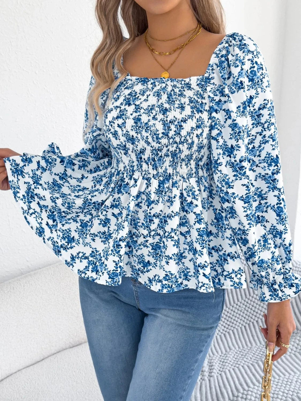 Floral Square Neck Flounce Sleeve Blouse - Trendsi