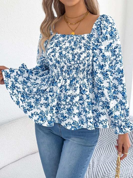 Floral Square Neck Flounce Sleeve Blouse - Trendsi - Flyclothing LLC