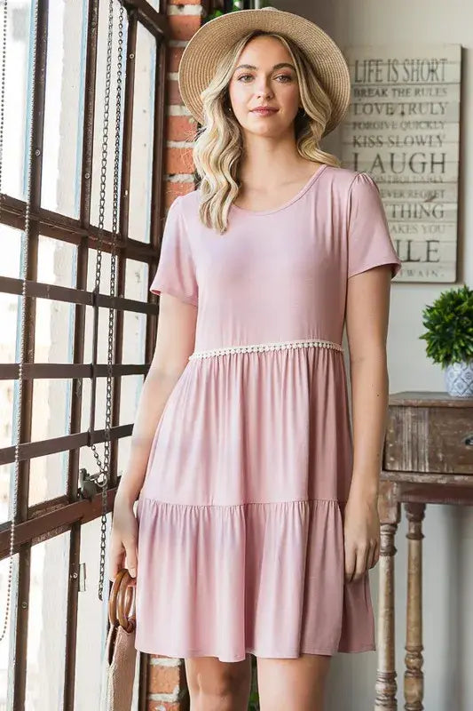 Heimish Full Size Solid Mini Tiered Dress with Pompom Lace Plus Size - Trendsi - Flyclothing LLC