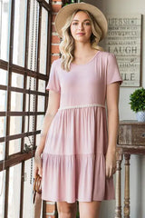 Heimish Full Size Solid Mini Tiered Dress with Pompom Lace Plus Size - Trendsi - Flyclothing LLC