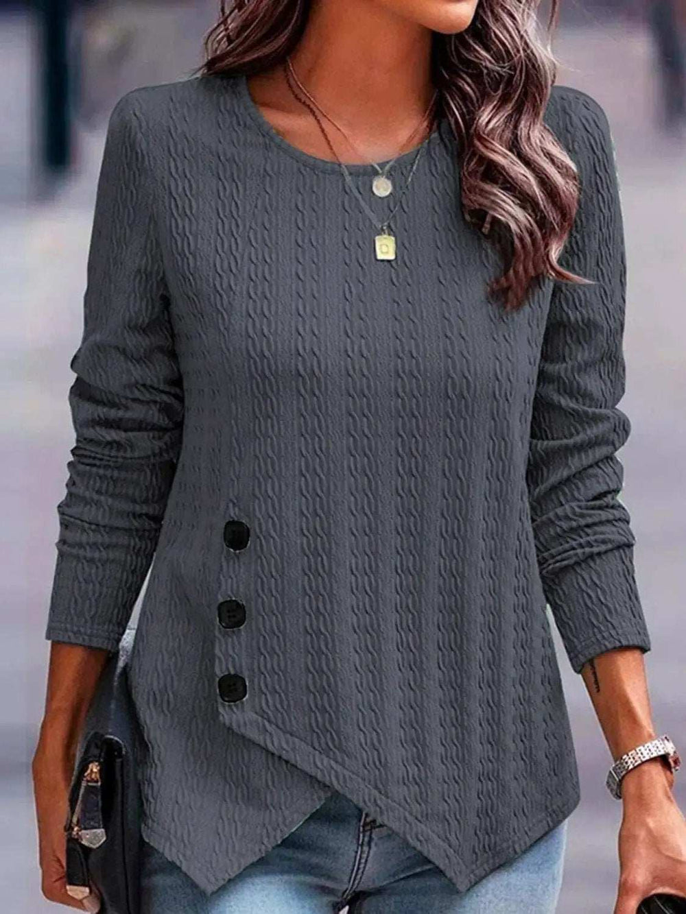 Decorative Button Round Neck Long Sleeve Top - Trendsi - Flyclothing LLC