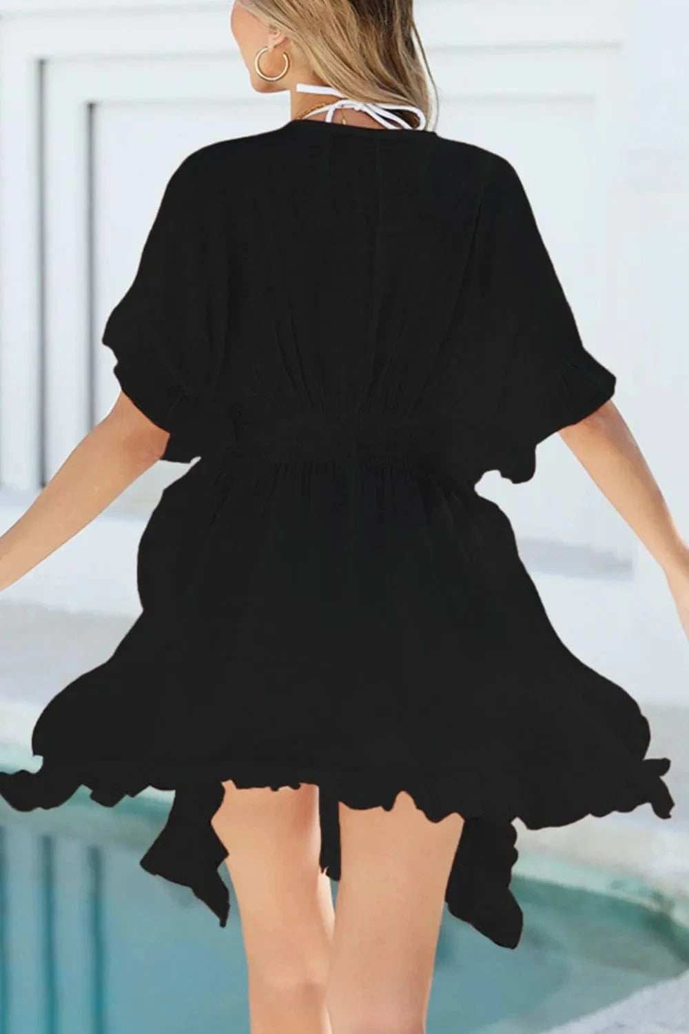 Ruffled Smocked Waist V-Neck Cover-Up - Trendsi - Flyclothing LLC