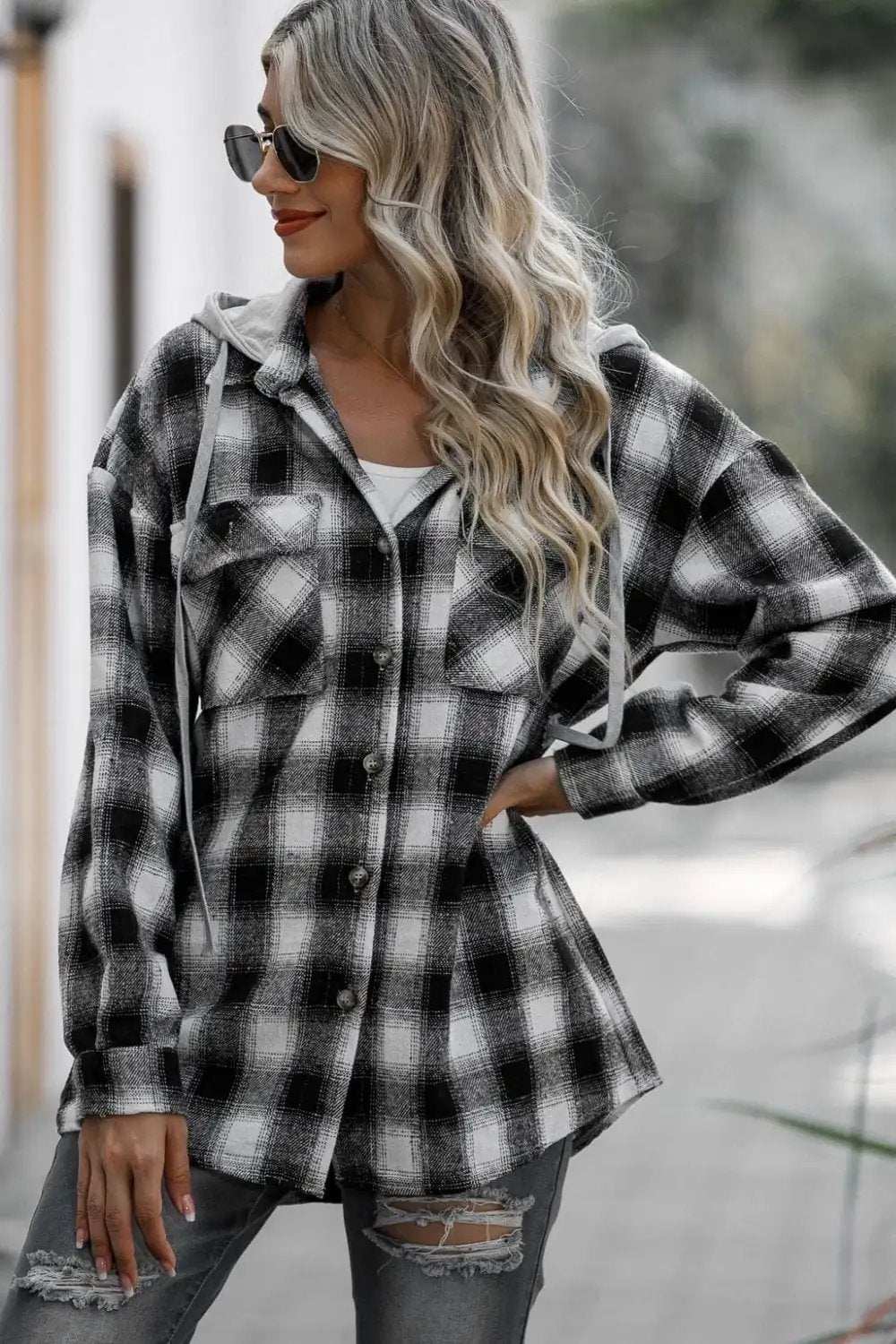 Drawstring Plaid Long Sleeve Hooded Shacket - Trendsi - Flyclothing LLC