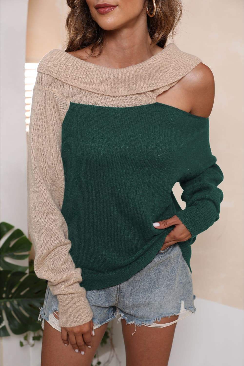 Asymmetrical Long Sleeve Two-Tone Cutout Sweater - Trendsi - Flyclothing LLC