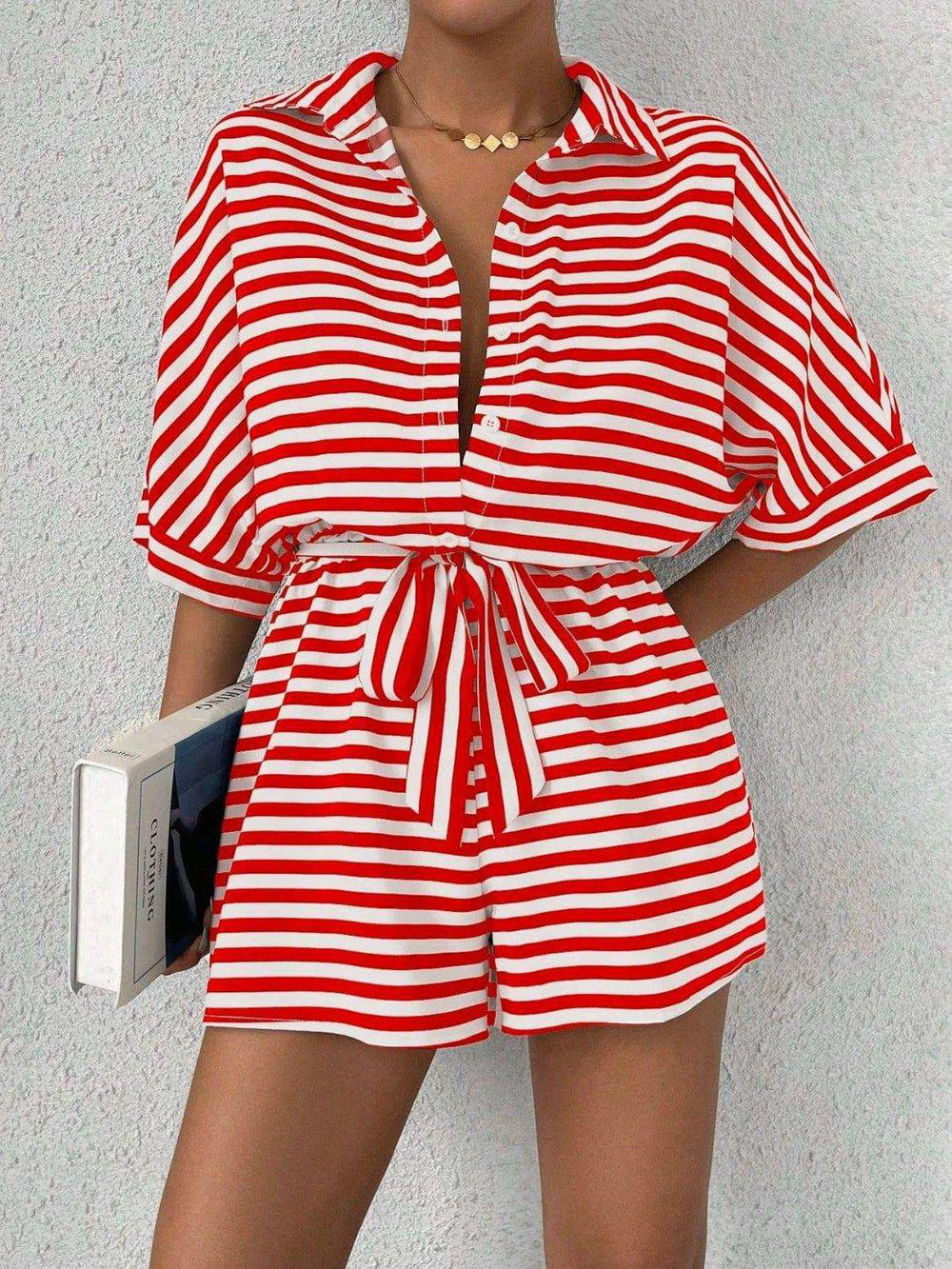 Tie Waist Half Button Striped Romper - Trendsi - Flyclothing LLC