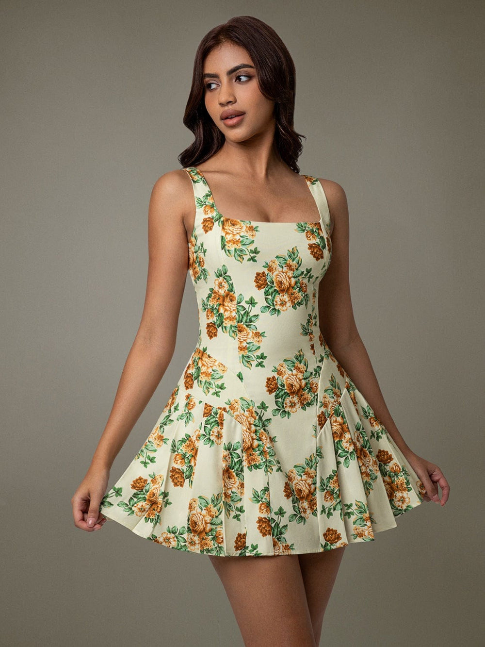 Floral Sleeveless Mini Pleated Dress - Trendsi