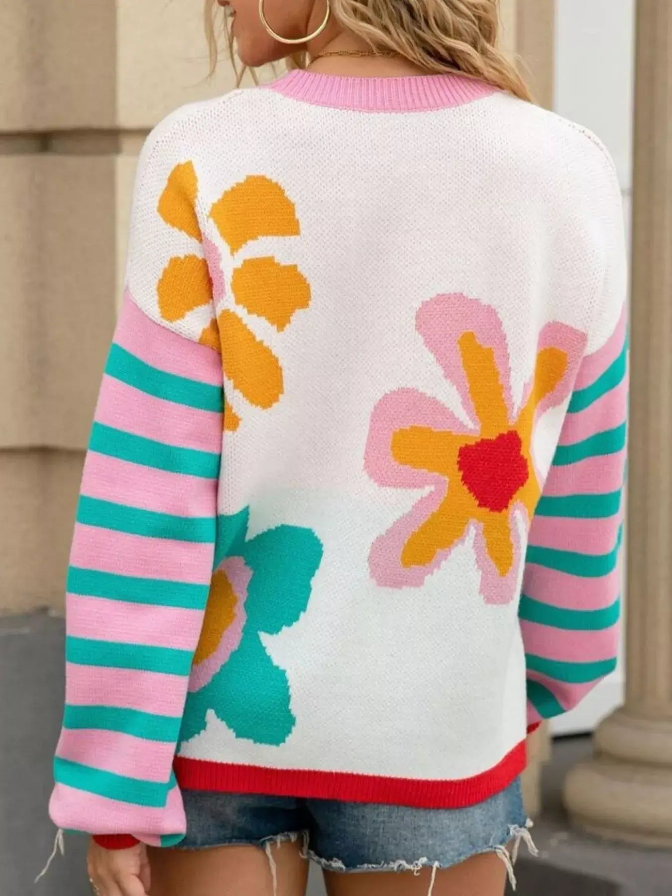 Floral Striped Crew Neck Sweater - Trendsi - Flyclothing LLC